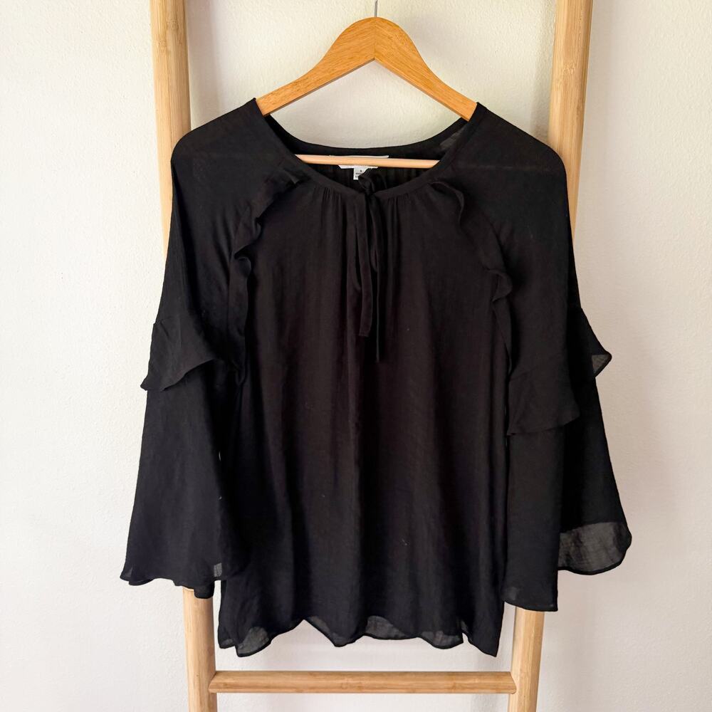 Counterparts Black Sheer Ruffle Sleeve Blouse Tie Neck Top Women’s Small